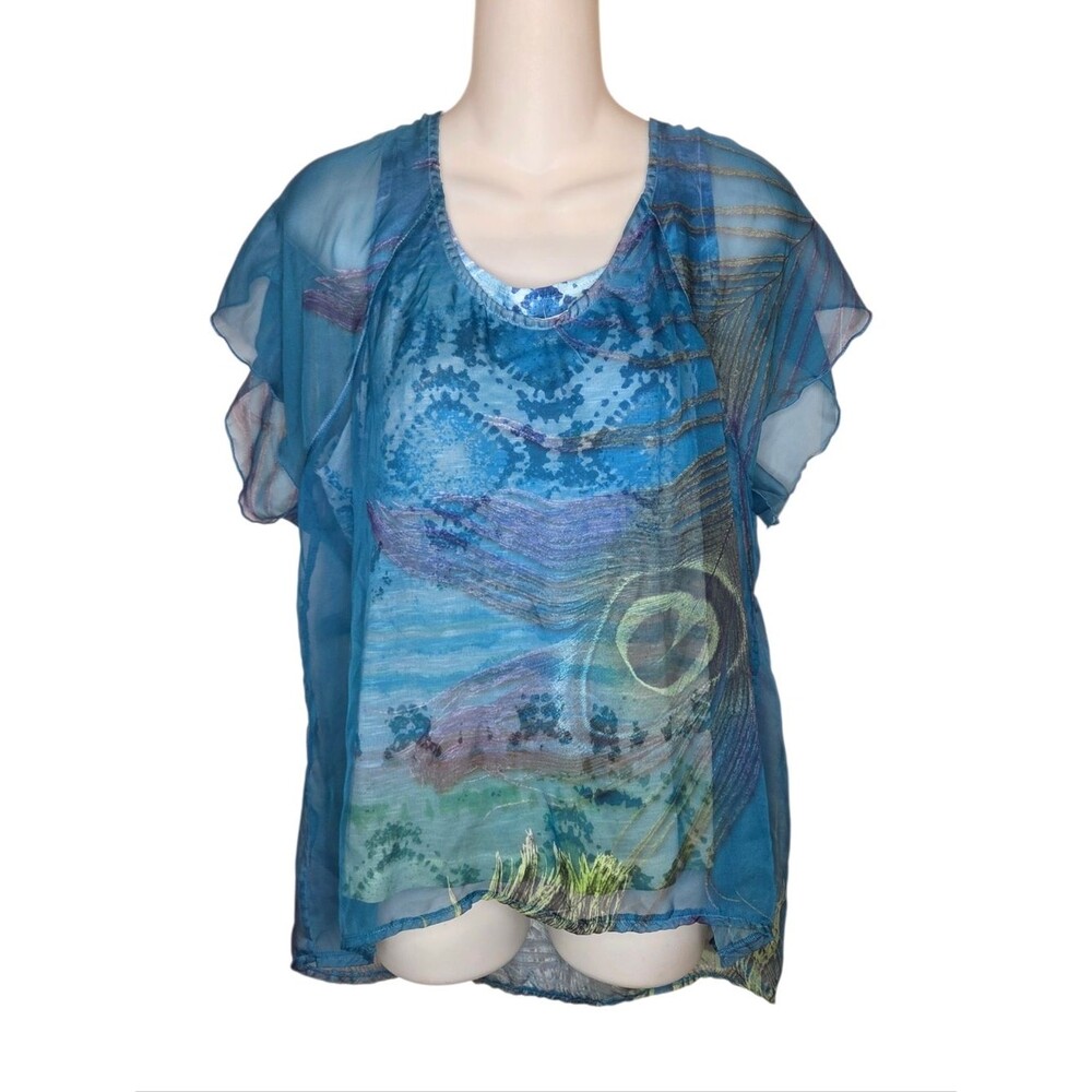 Unity World Wear PXL Peacock Feather Blouse Mixed Media Sheer Top Petite